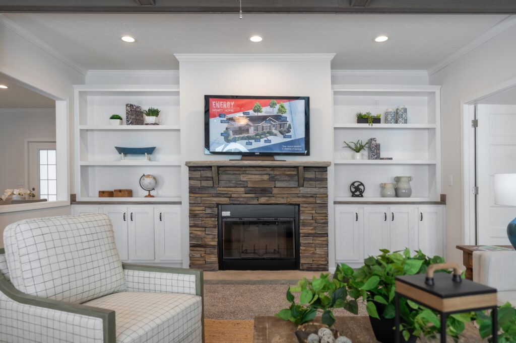 Dry 1/2 stack fireplace with stone mantel