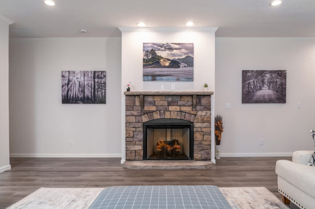 Fieldstone 1/2 stack fireplace with stone mantel